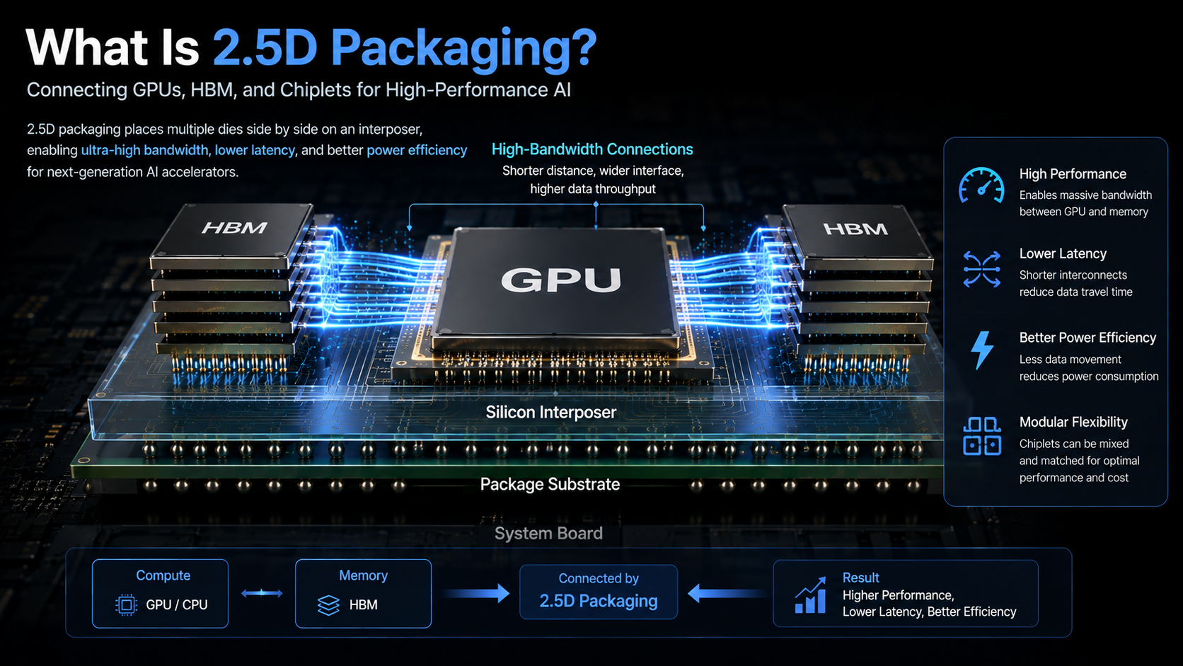 2.5D packaging architecture connecting GPU and HBM through a silicon interposer