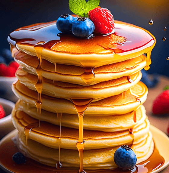 7장의 팬케이크가 쌓여있다. 맨 위에는 블루베리와 라즈베리가 있고 시럽이 가득 흘러내린다.