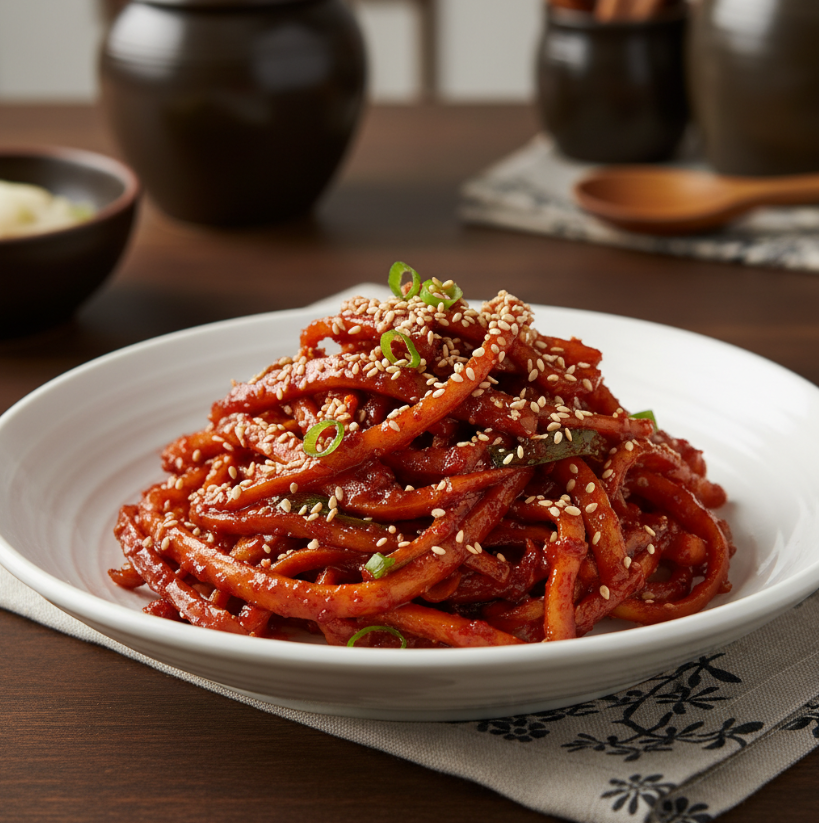 윤기가 좌르르 흐르고 통깨가 뿌려진 매콤달콤한 오징어채 볶음이 정갈하게 담긴 비주얼