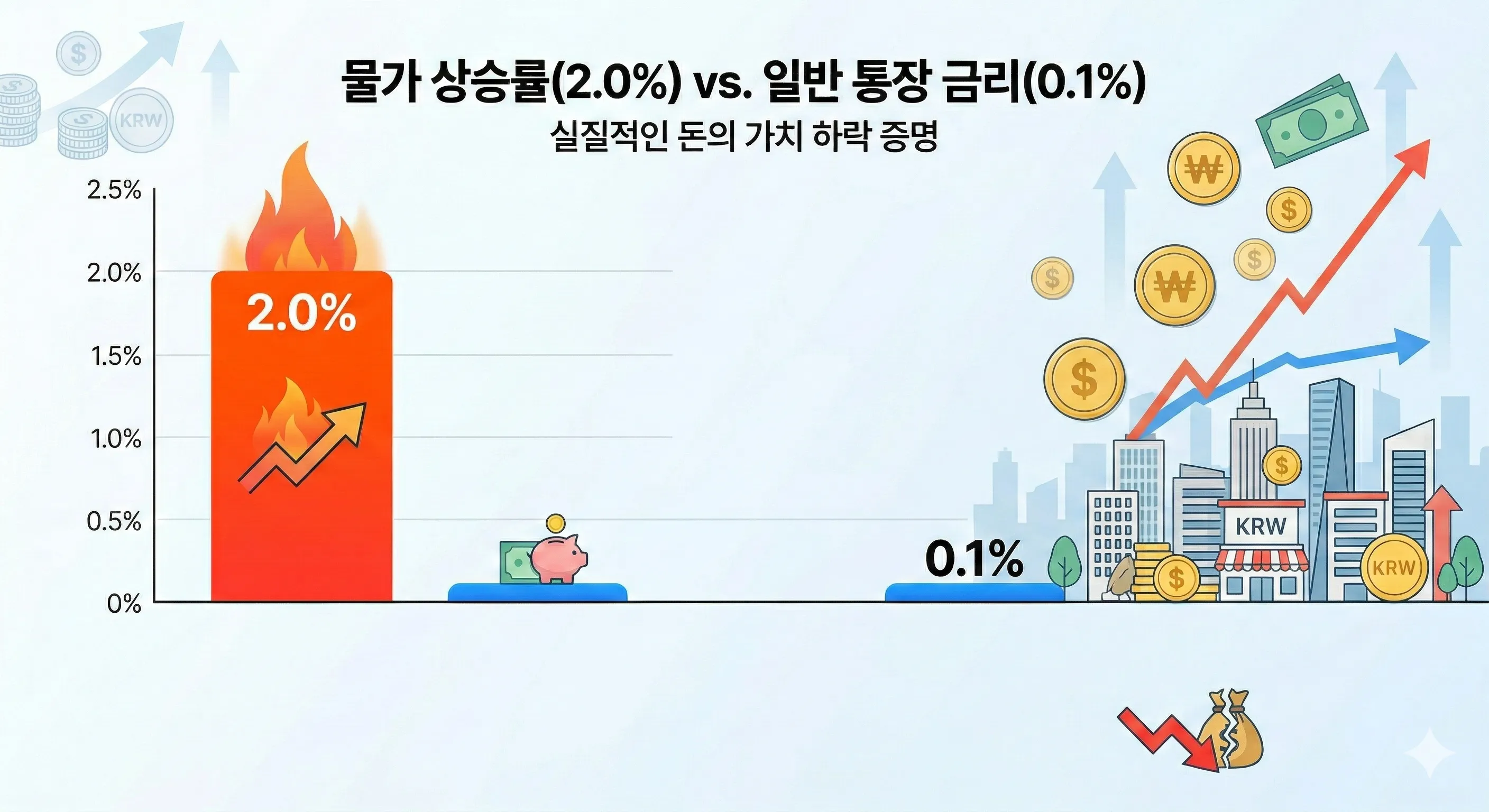 한국은행 목표 물가 상승률 2.0퍼센트와 일반 통장 금리 0.1퍼센트를 비교하여 실질적인 돈의 가치 하락을 증명하는 막대그래프