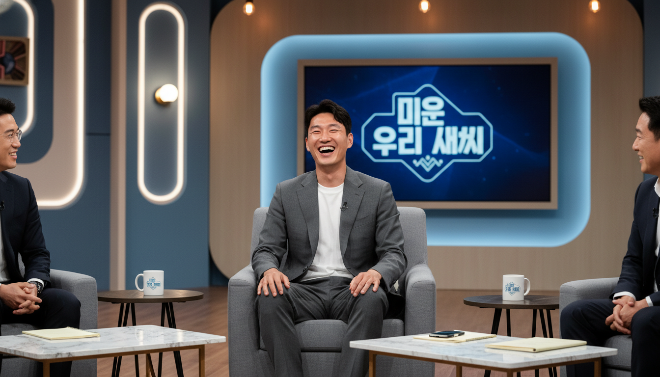 SBS 미운 우리 새끼 예능 프로그램 스튜디오에서 환하게 웃으며 이야기하고 있는 축구선수 김민재의 모습