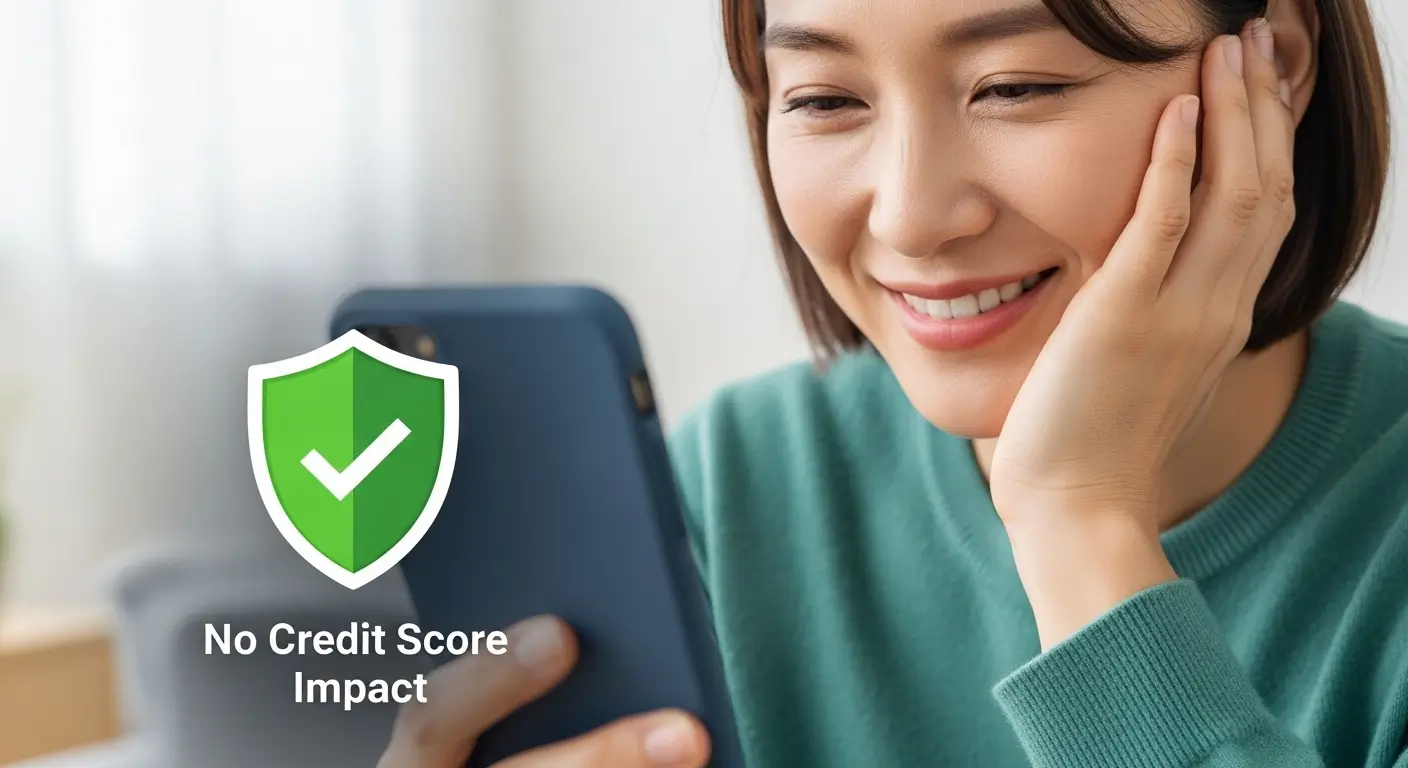 스마트폰으로 신용점수 영향 없는 안심 한도 조회를 마치고 승인 결과를 확인하며 안도하는 사용자의 모습