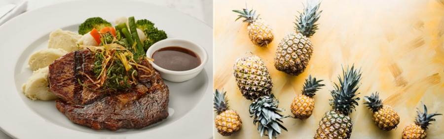왼쪽은 하얗고 동그란 접시에 스테이크 1개와 각종 야채, 스테이크소스를 담아두고 찍은 사진과 오른쪽은 노란 바닥에 파인애플 여러 개를 놓아두고 찍은 사진