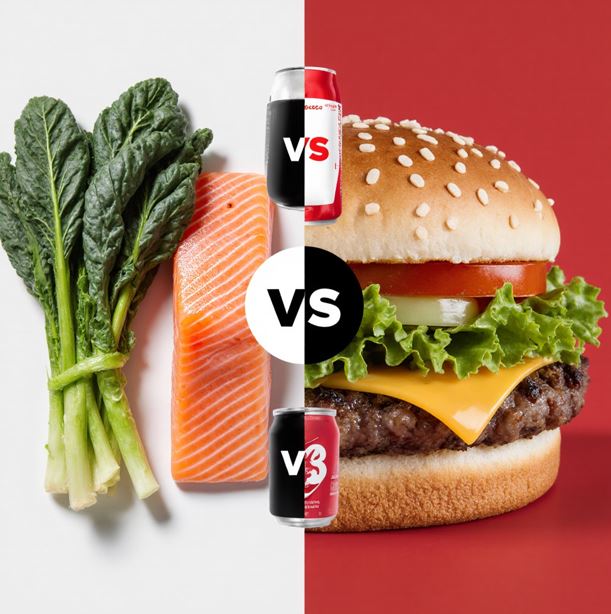 왼쪽에 연어, 녹색 채소가 있고 오른쪽에 패스트푸드 햄버거가 있다
중간에 VS 표시로 스트레스를 완화하는 음식과 주는 음식을 대조적으로 보여준다.