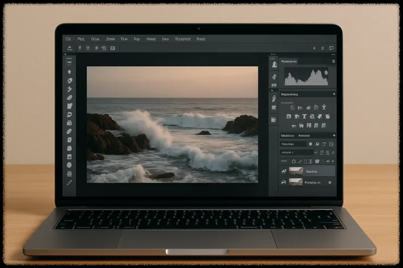 이미지 편집툴 인터페이스가 열려 있는 노트북 화면