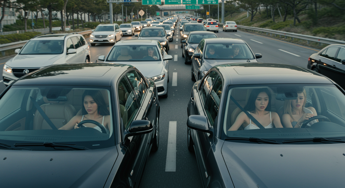 꽉막힌 도로 위의 여성들