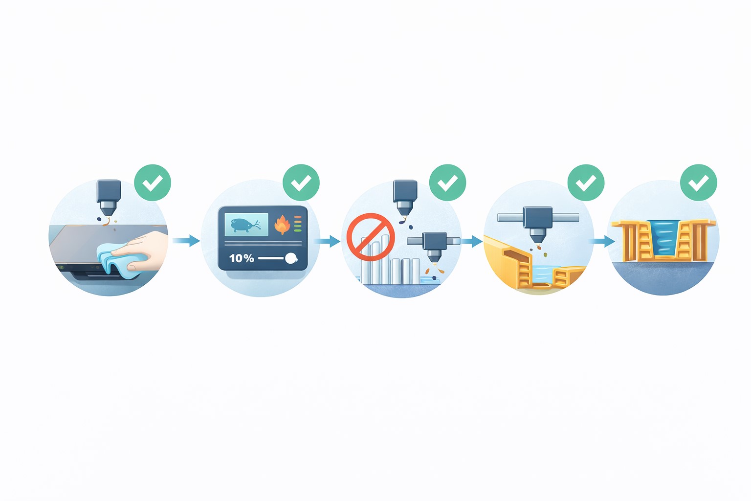 생활 아이템 출력 전에 확인하는 첫 레이어 서포트 벽두께 순서를 아이콘으로 정리한 체크리스트 다이어그램 이미지