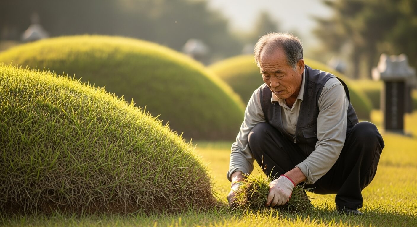 노인 남성이 봉분 묘지 앞에서 뽑은 풀을 모으는 장면