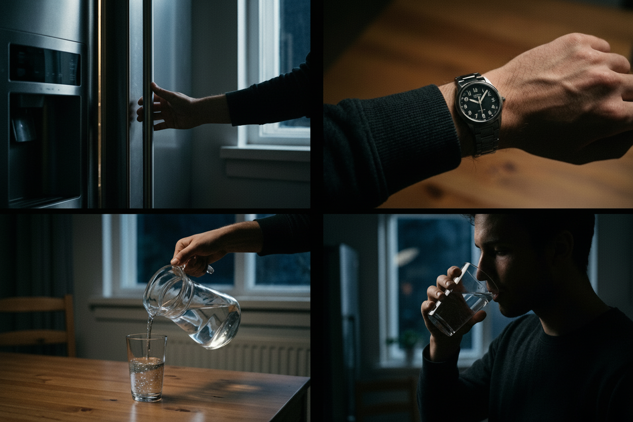 시계를 보며 야식을 참고 있는 모습이나, 잠들기 전 물 한 잔만 가볍게 마시는 건강한 습관을 표현한 이미지