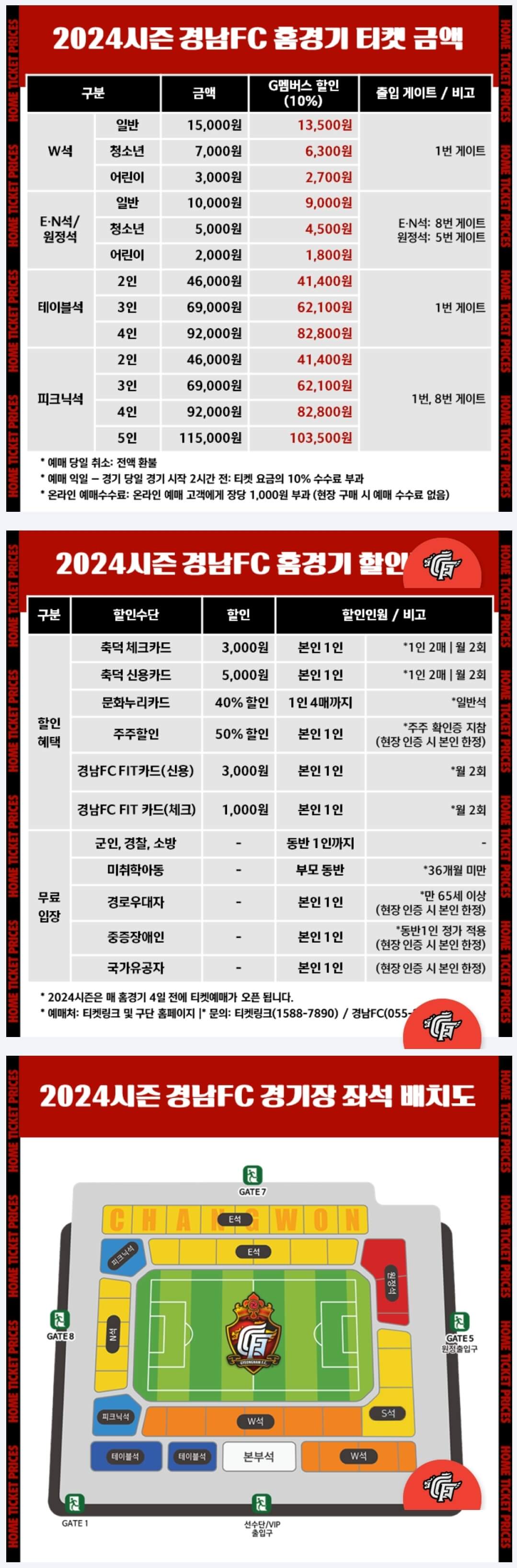 경남FC 창원축구센터 홈경기 좌석 배치도, 입장권 요금, 티켓 가격, 할인, 무료입장, 예매 등 관람안내