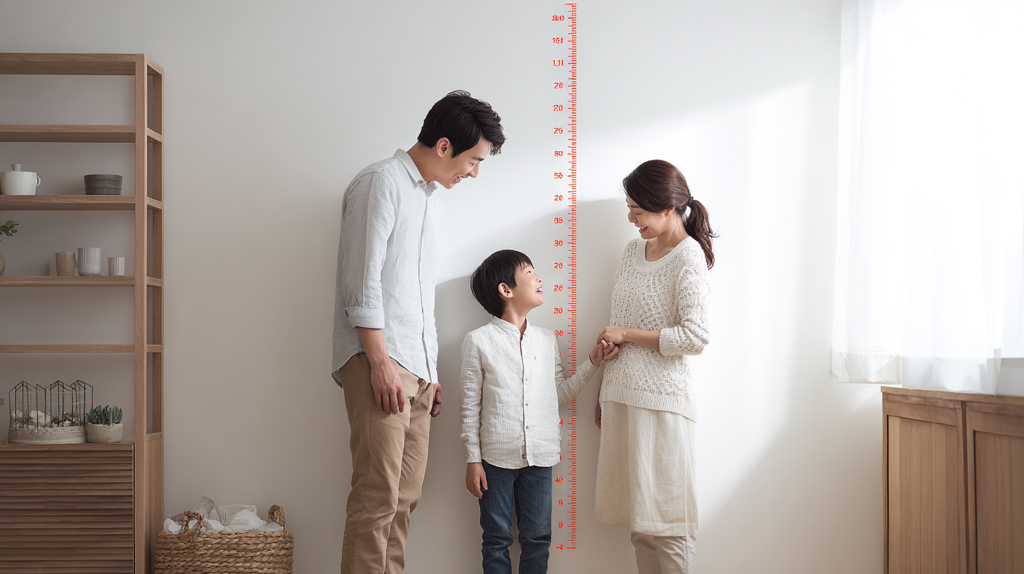 아이 키를 재는 장면에서 부모가 긴장한 표정으로 키 목표선을 바라보는 모습