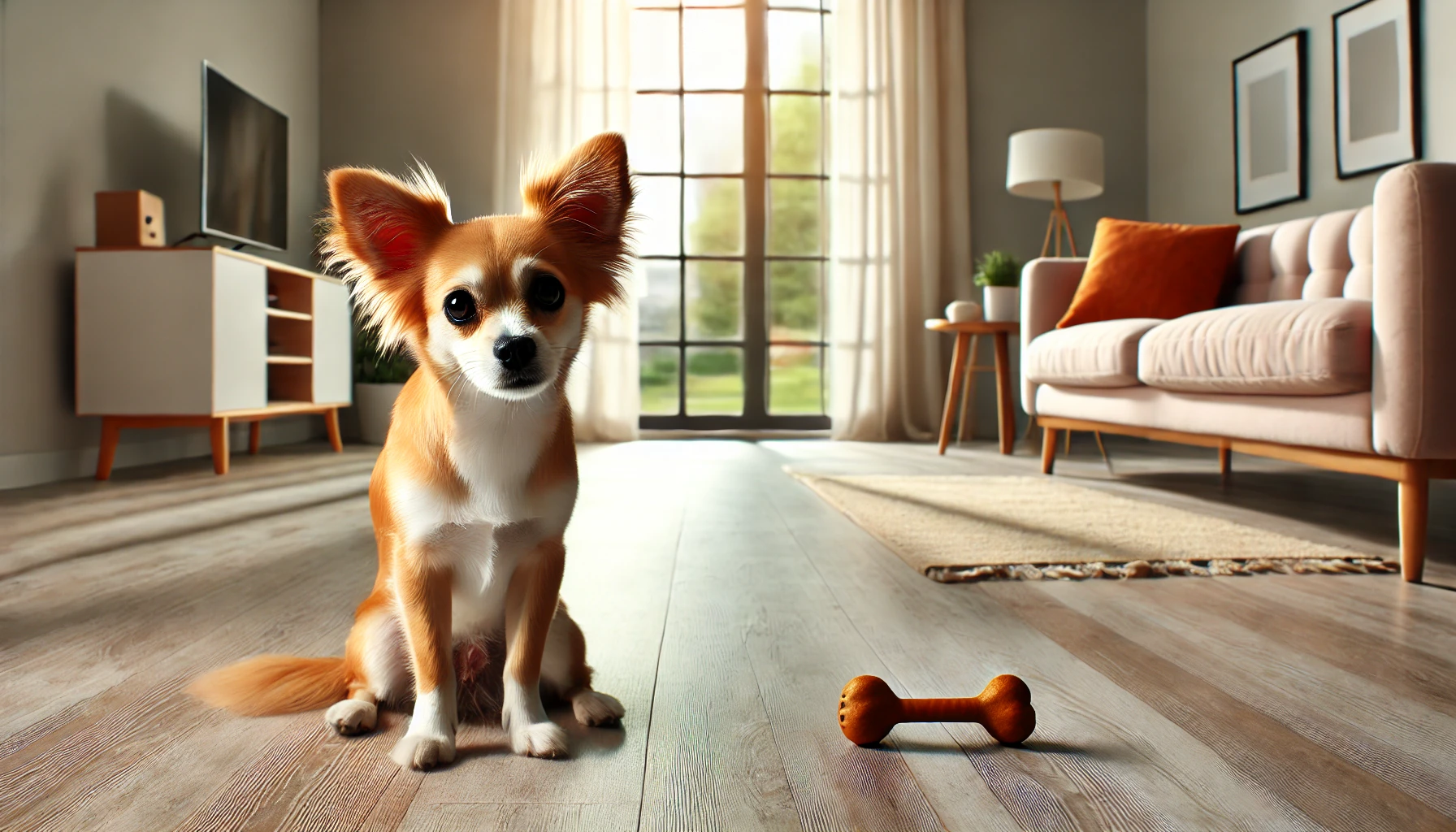 밝고 현대적인 거실에서 혼자 남겨진 불안한 표정의 작은 강아지. 장난감이 옆에 놓여 있으며 창문 너머로 낮의 햇빛이 들어오고 있다. 강아지의 분리불안 상황을 나타내는 장면.