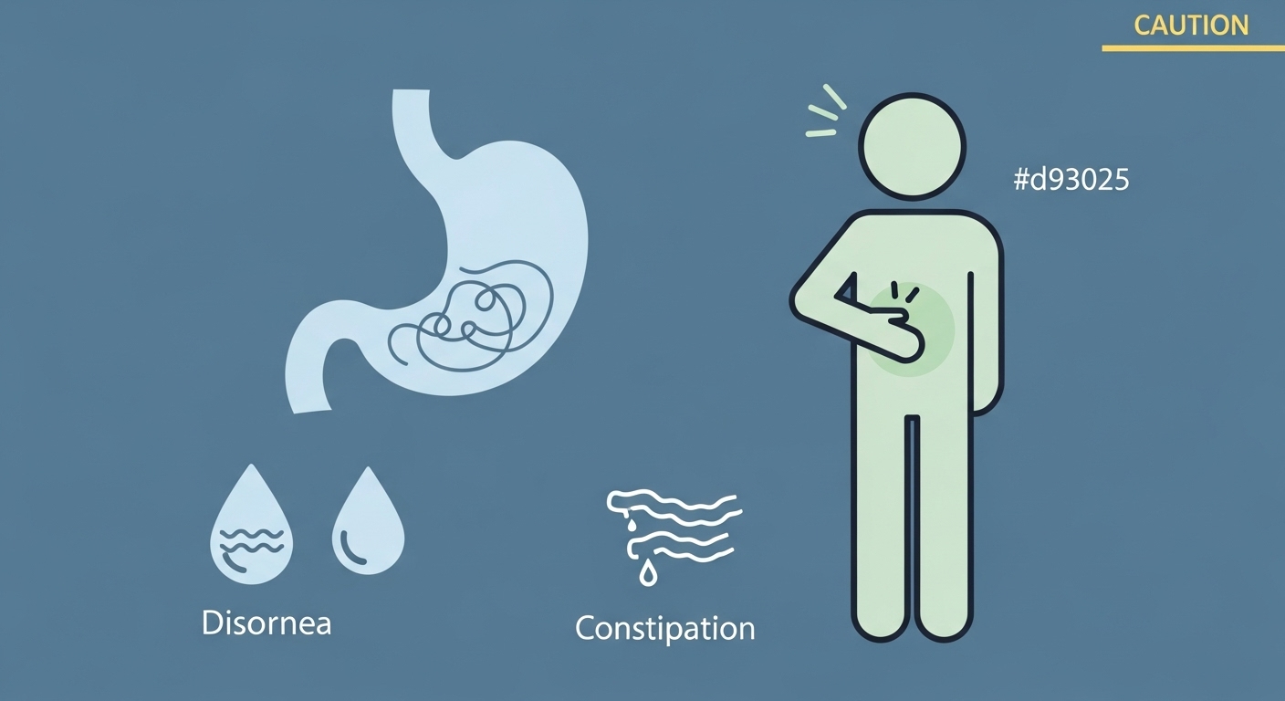 위고비의 일반적인 부작용인 메스꺼움, 구토, 설사, 변비 등 위장 증상을 나타내는 아이콘과 삽화.