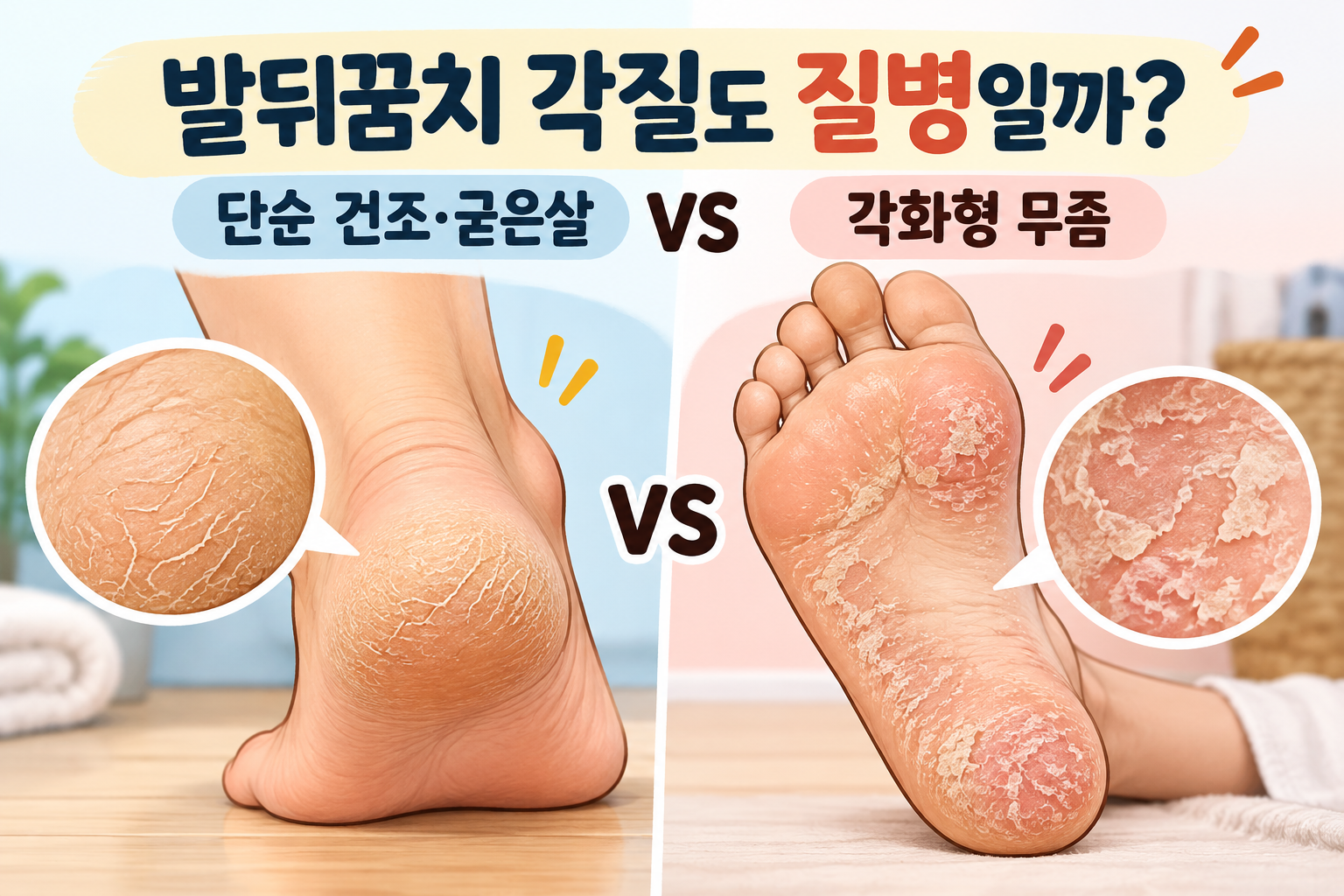 발뒤꿈치의 단순 건조와 굳은살, 각화형 무좀의 차이를 비교하는 모습