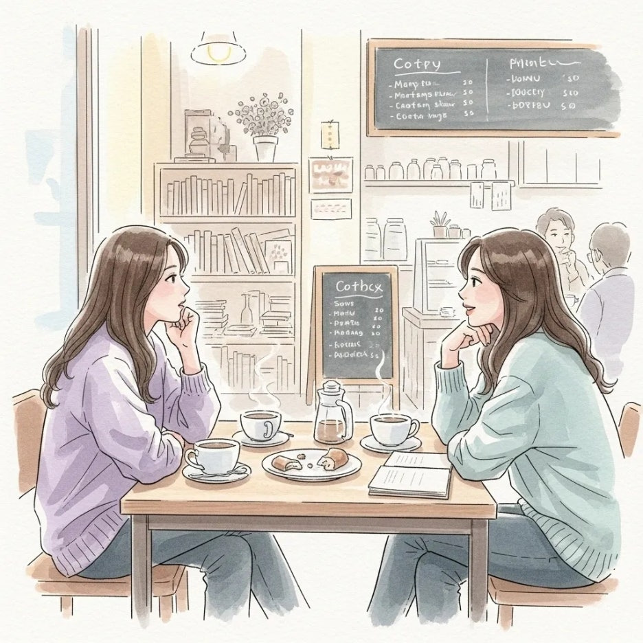 대학로 카페에서 연극 이야기를 나누는 친구들