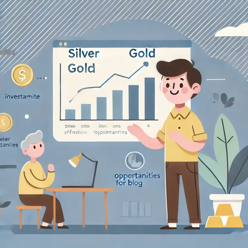 은과 금 투자의 비교를 설명하는 사람의 일러스트