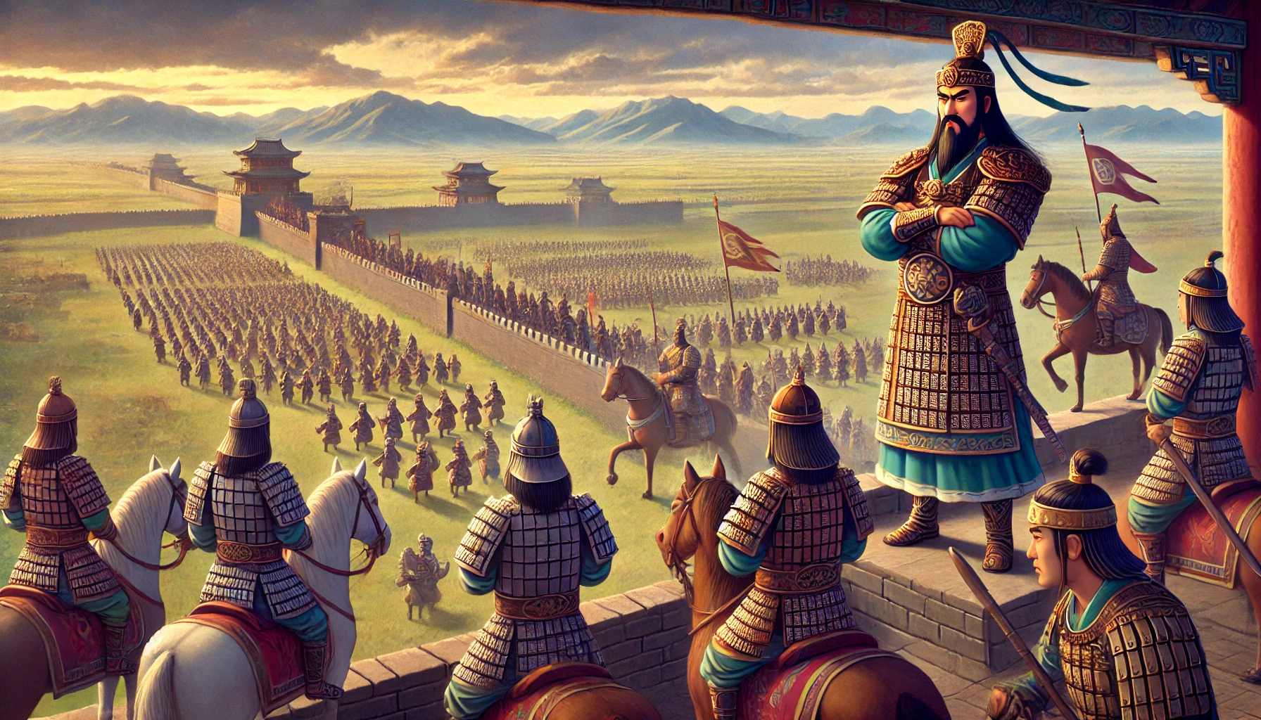 후연의 군주 모용수가 중산성 성벽 위에서 들판을 내려다보고 있으며, 아래에는 선비족 기병들이 깃발을 들고 달리는 장면. 배경에는 고구려와 후연 군대 간의 고대 전투가 펼쳐지고 있음.