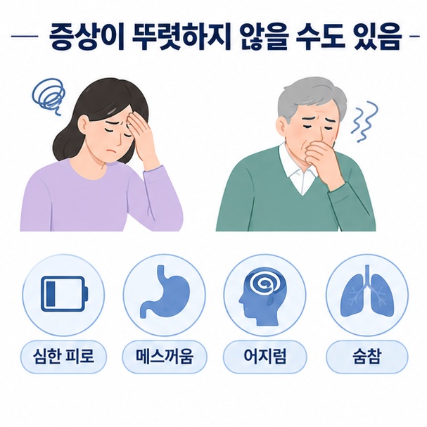 여성과 고령자에서는 심한 피로와 메스꺼움, 어지럼, 호흡곤란처럼 뚜렷하지 않은 증상이 나타날 수 있음을 표현한 이미지