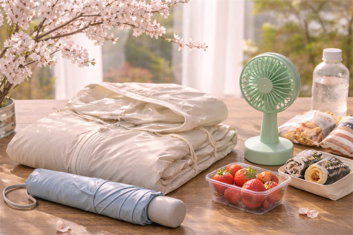 봄 날씨 변화에 대비한 우산과 얇은 겉옷 준비 장면