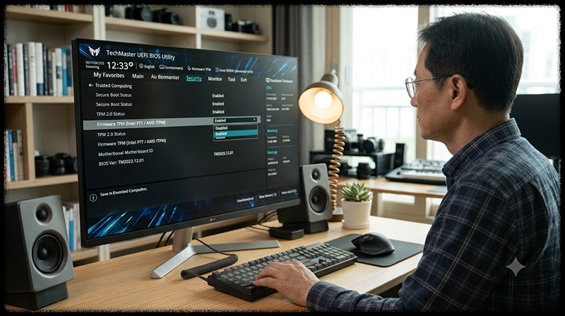 Windows 11 설치를 위해 메인보드 BIOS에서 Intel PTT 또는 AMD fTPM을 활성화하는 모습