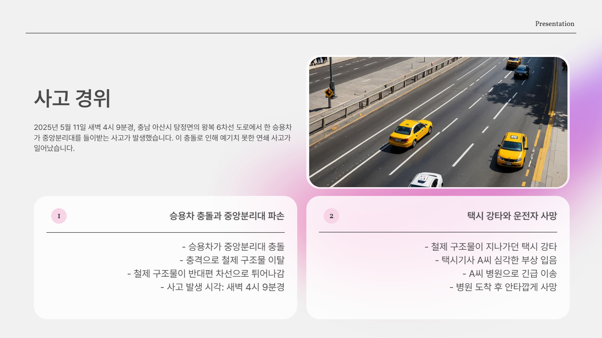 승용차는 전소, 동승자 3명 부상