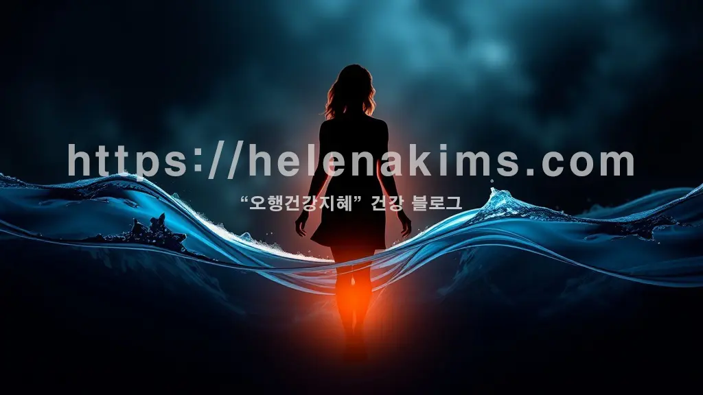 요실금으로 인한 불편함과 답답함을 상징하는 어둡고 흐릿한 배경, 그 자리에 맑고 푸른 물결이 조용히 번져 나가는 여성의 실루엣의 희망적인 분위기의 이미지.