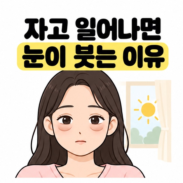 자고 일어나면 눈이 붓는 이유 제목 아래 아침 햇빛이 비치는 창 옆에서 눈 주위가 도톰해 보이는 사람을 그린 대표 이미지