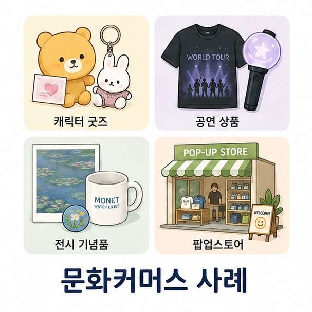 캐릭터 굿즈와 공연 상품, 전시 기념품, 팝업스토어 등 문화커머스 사례를 표현한 이미지