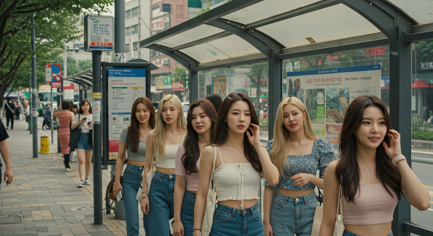 버스타려 줄 서있는 여성들