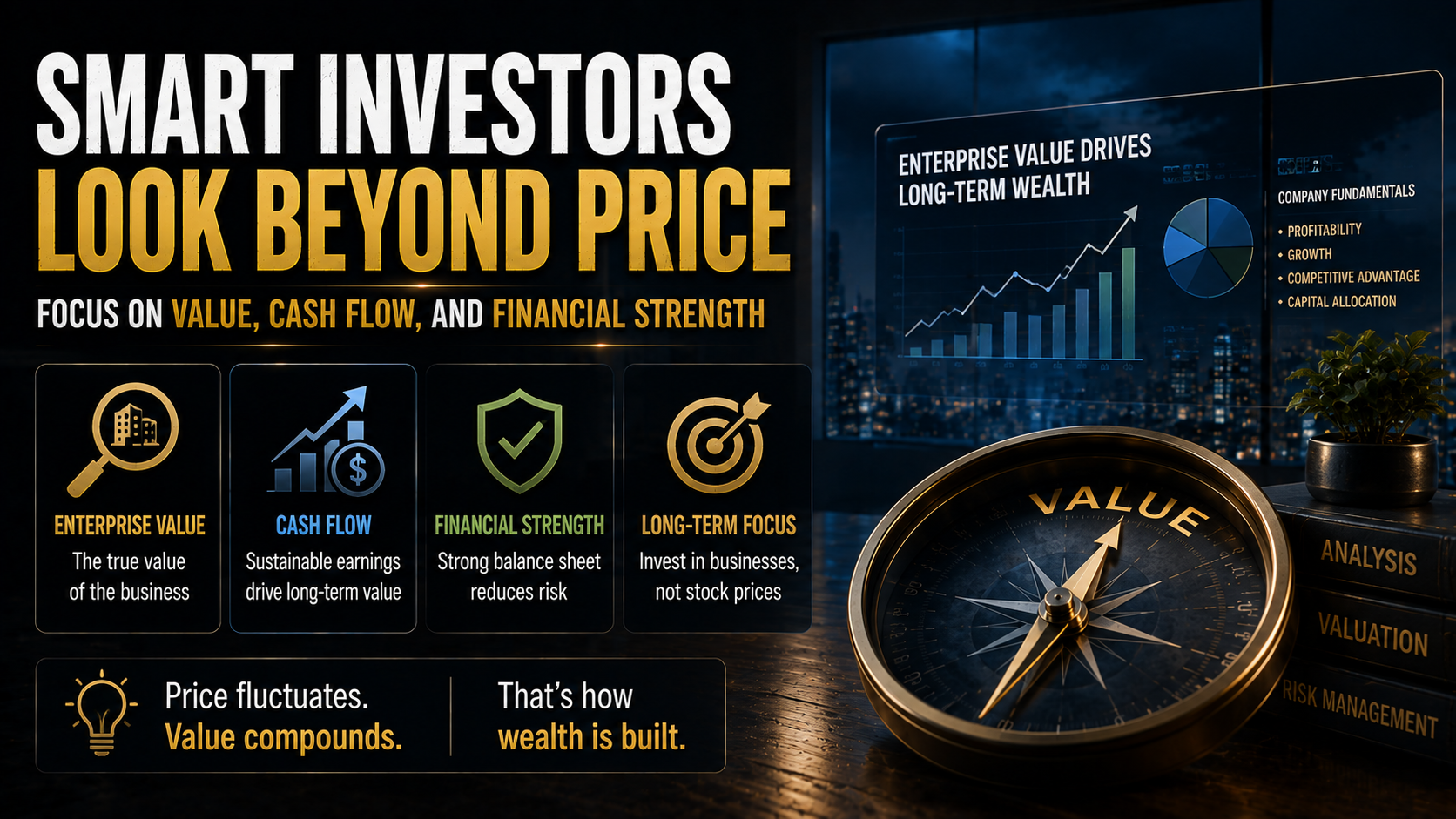 Long-term investors analyzing Enterprise Value, cash flow, and financial strength beyond stock price movements.