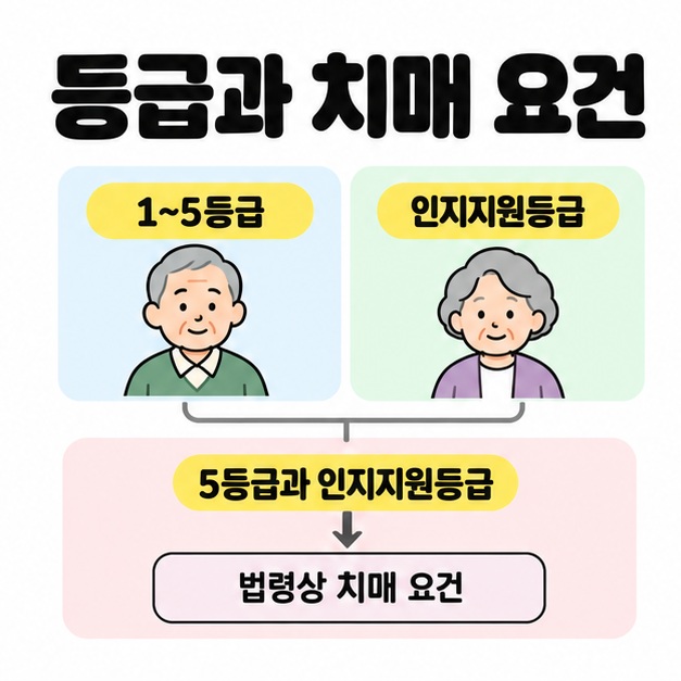 1부터 5등급과 인지지원등급을 구분하고 5등급과 인지지원등급에 법령상 치매 요건이 적용됨을 보여주는 도식