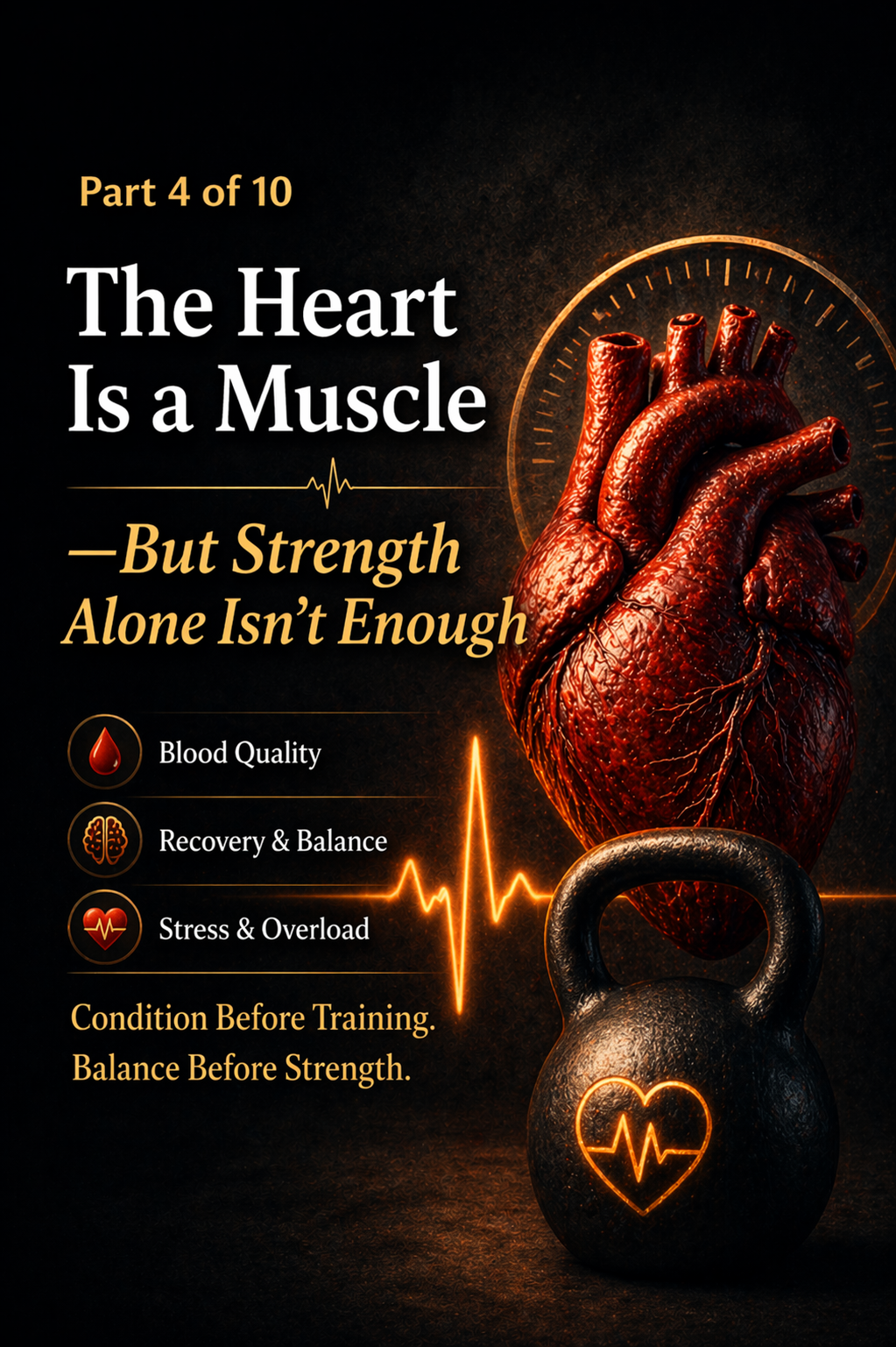 심장은 근육이지만 강하게 만든다고 오래 버티지 않는다, 혈액 상태&middot;회복&middot;스트레스 균형이 심장 건강을 결정하는 구조 이미지