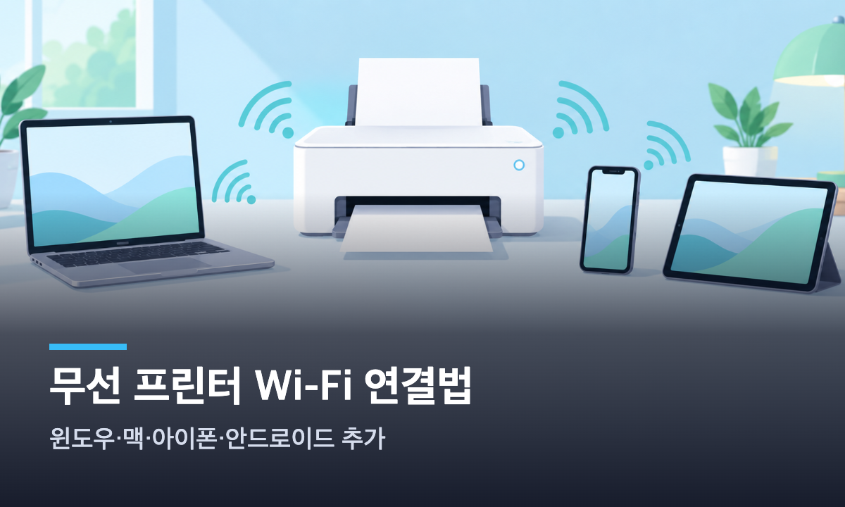 무선 프린터 Wi-Fi 연결 대표 이미지. 프린터가 노트북, 스마트폰, 태블릿과 무선으로 연결된 일러스트