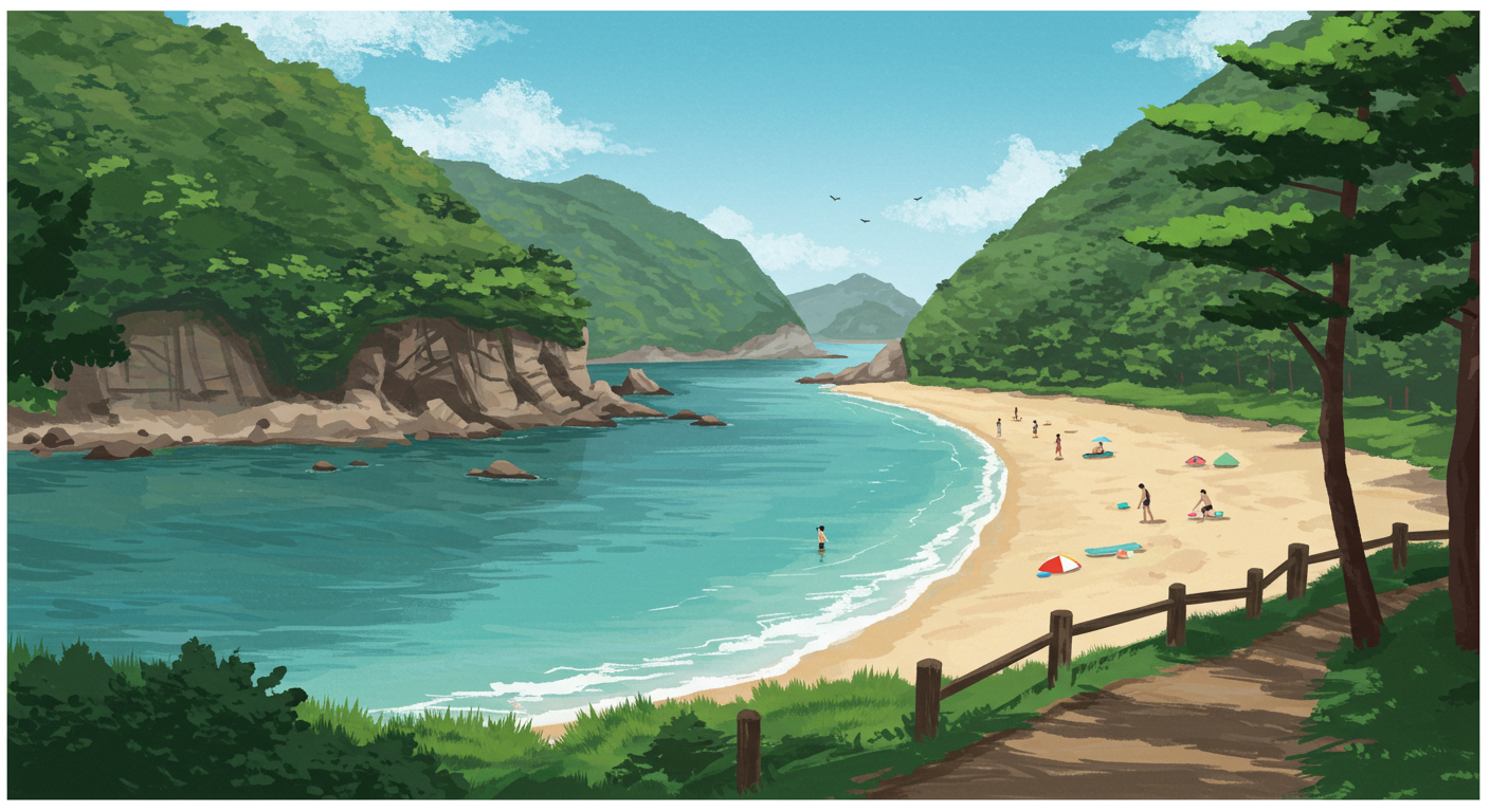 부산의 조용한 계곡, 절벽 해안길, 숲속 해변을 그린 여름 피서 일러스트