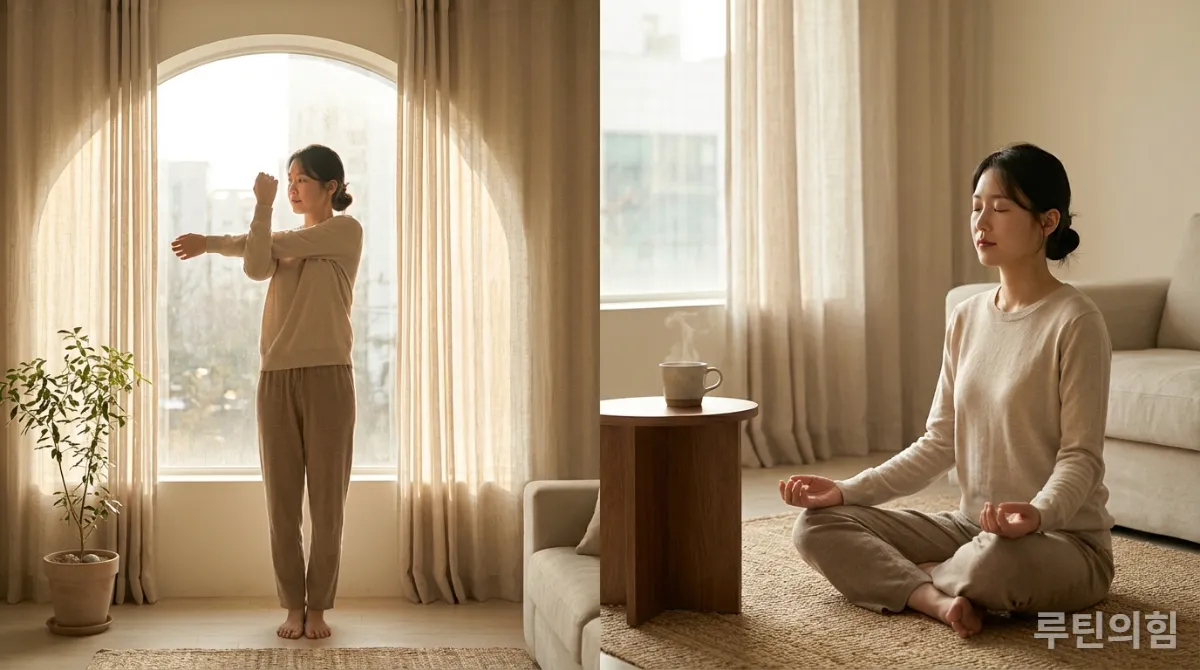 창가에서 스트레칭하고 명상하는 한국 여성, 활력을 더하는 아침 루틴 활동.