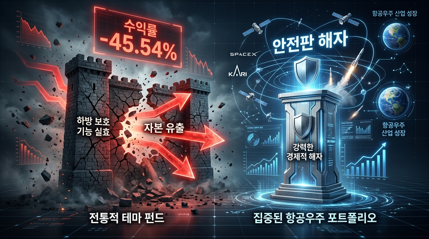 미국 우주항공 섹터의 탑 10 압축 주도주 포지션 자산 계좌와 광범위한 업스트림 로켓 발사체 테마 펀드 간의 분산 비중 격차가 벌어지며 하방 안전판 해자가 무너져 내리는 자본 유출 도식화 인포그래픽
