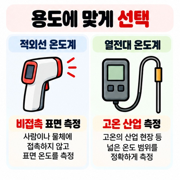 적외선 온도계의 비접촉 측정과 열전대 온도계의 고온 측정 용도를 비교한 카드
