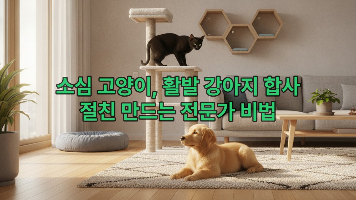 안락한 거실에서 캣타워에 앉아 강아지를 내려다보는 소심한 고양이와 차분하게 앉아있는 활발한 강아지