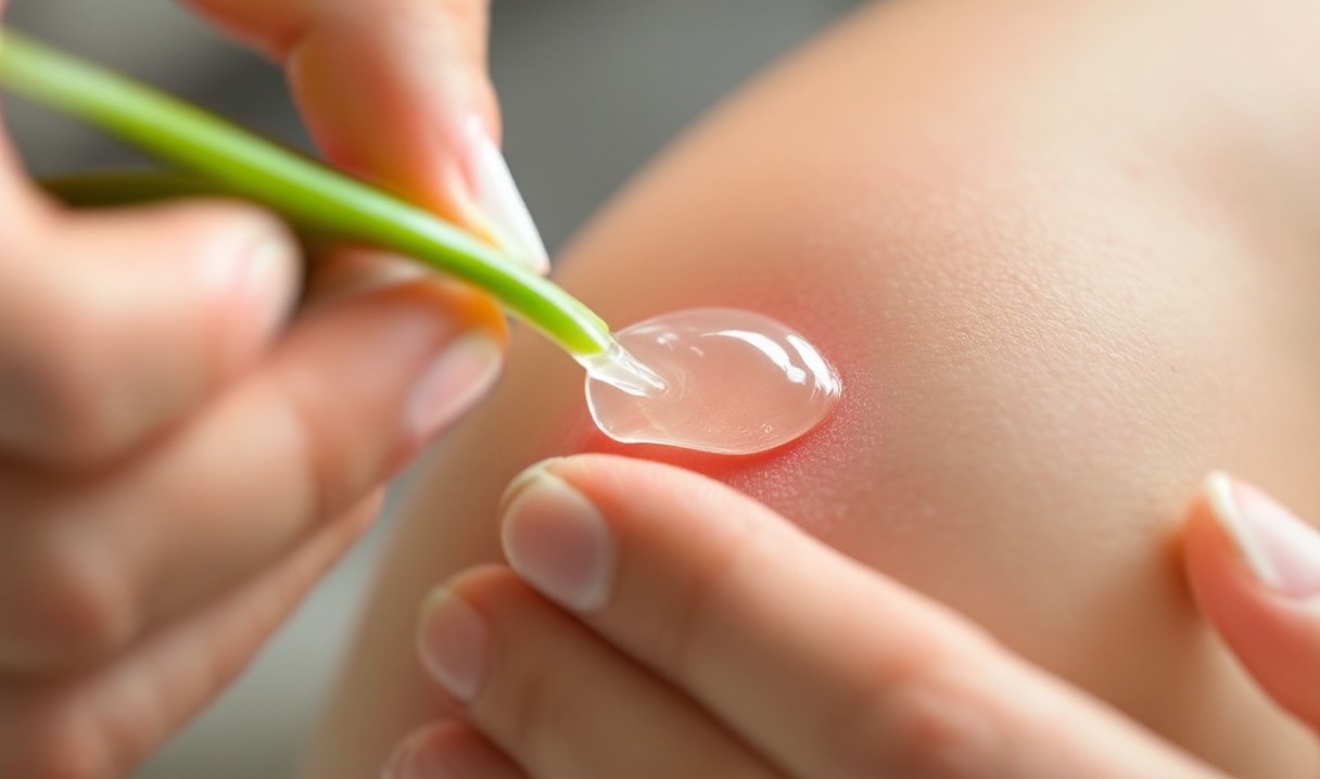 알로에 젤을 팔의 모기 물린 자리에 바르고 있는 모습