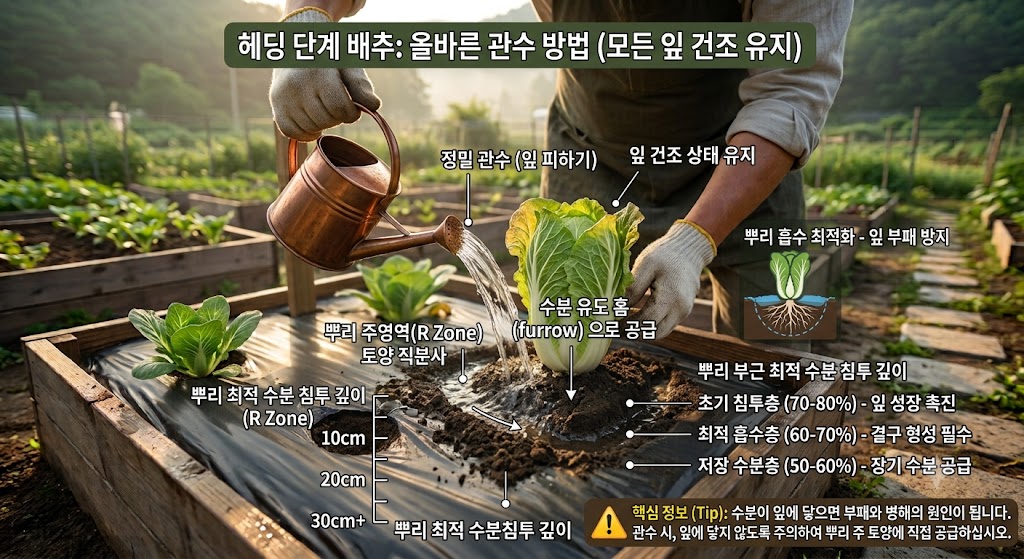 가뭄으로 시든 배추 포기 주위에 물길을 내어 잎에 물이 닿지 않게 뿌리 쪽으로 물을 천천히 주입하는 대처 방법