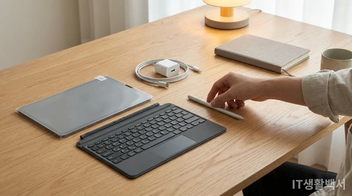 태블릿과 함께 사용되는 필수 액세서리(펜, 키보드, 케이스)의 모습