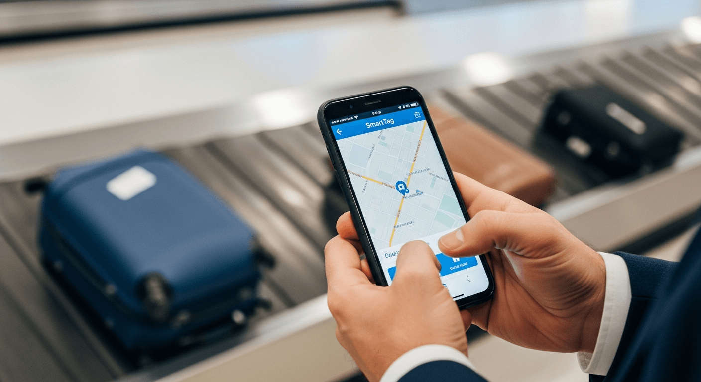 공항 수하물 수취대 앞에서 스마트폰으로 SmartTag 앱의 짐 위치를 확인하는 남성의 손