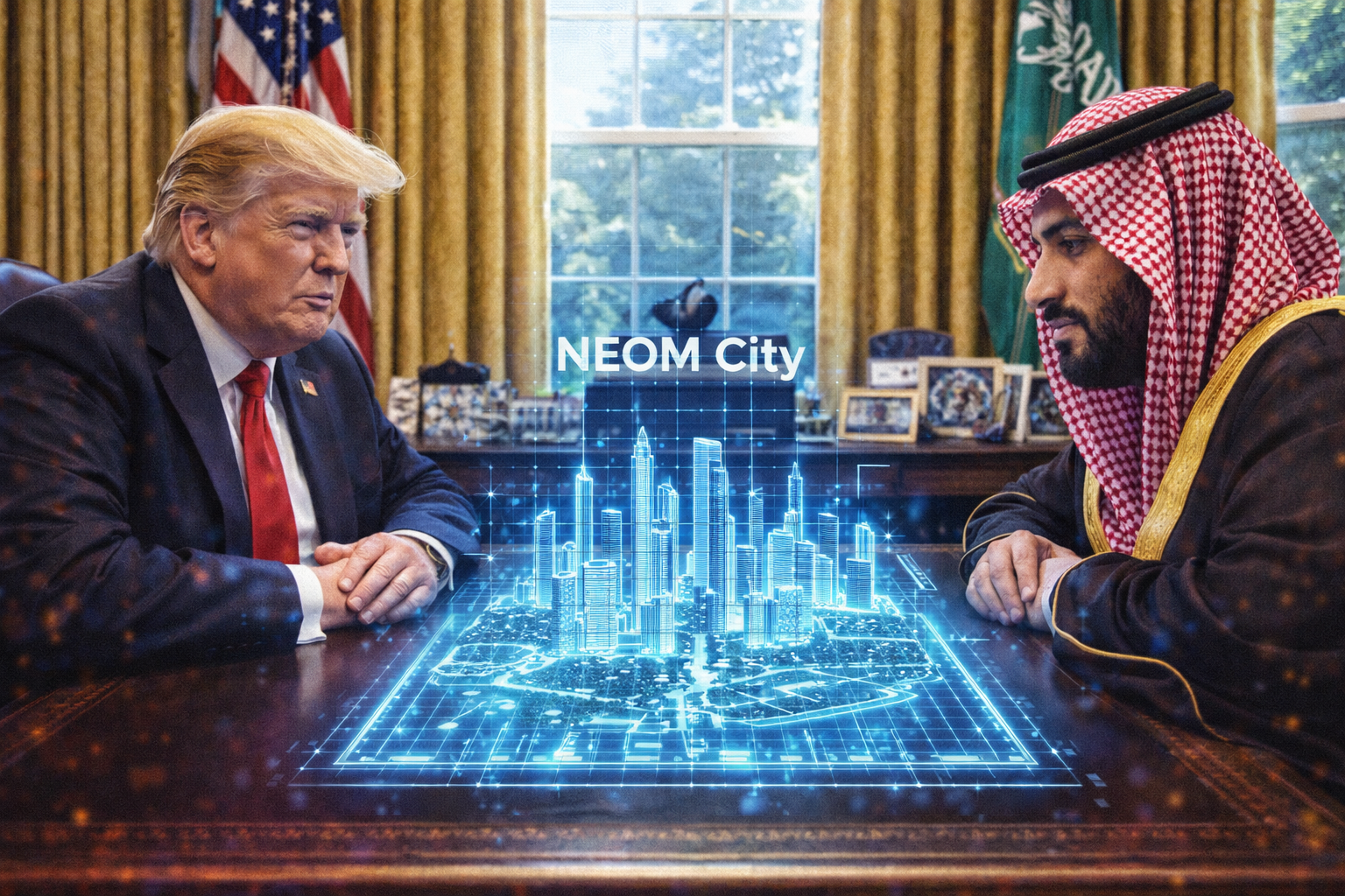 Trump and Crown Prince Bin Salman sitting across from each other at the Oval Office desk, with a glowing hologram model of Neom City on the desk.