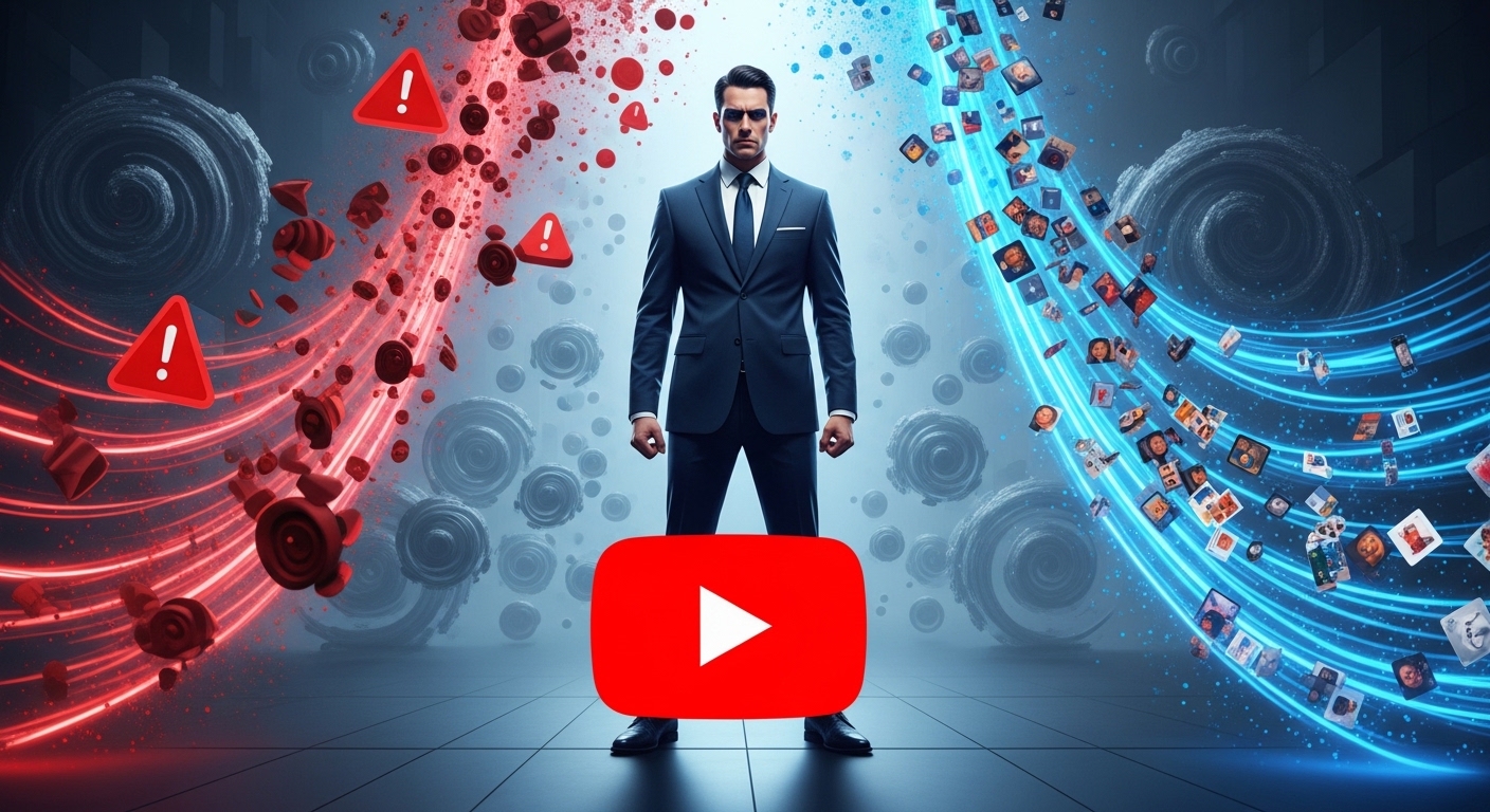 유튜브 CEO가 인공지능 콘텐츠 규제 강화를 발표하며 저품질 AI 콘텐츠를 걸러내는 모습을 상징하는 이미지. 유튜브 로고와 함께 신뢰와 품질을 강조하는 미래 지향적인 분위기.