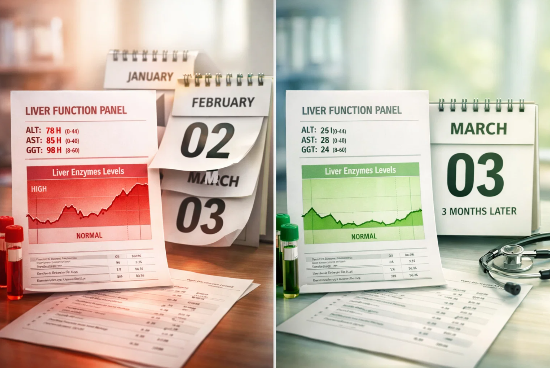 3개월 관리 후 간 기능 수치가 개선된 검사 결과 비교
