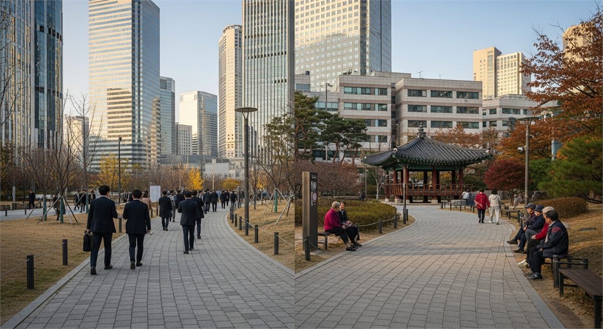 계속근무와 퇴직의 선택을 상징하는 도심 갈림길 장면 