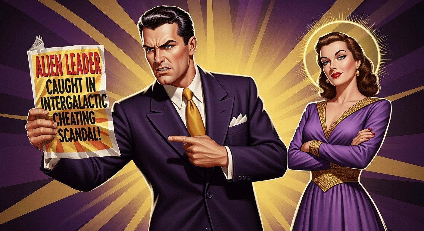 남자와 여자가 있고. 남자가 잡지를 들고 화를 내고 있다