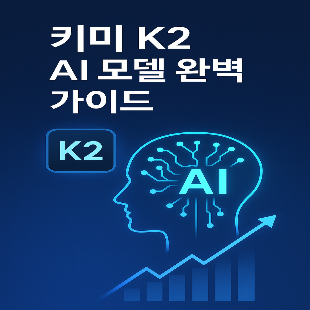 키미 K2 AI 모델을 소개하는 가이드 이미지로, 인간 두뇌 형태와 회로, 상승 그래프가 강조된 파란색 계열 구성