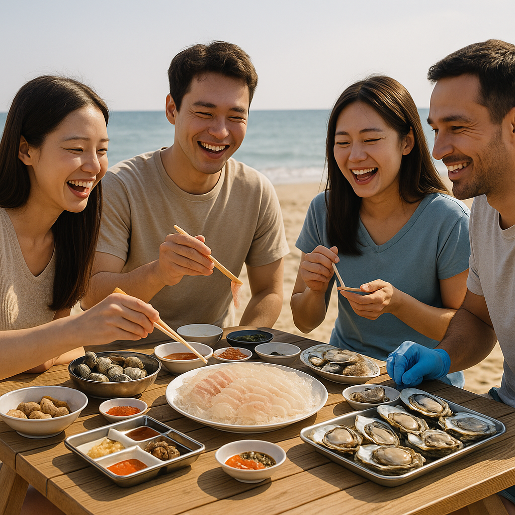 회를 먹고 있는 가족