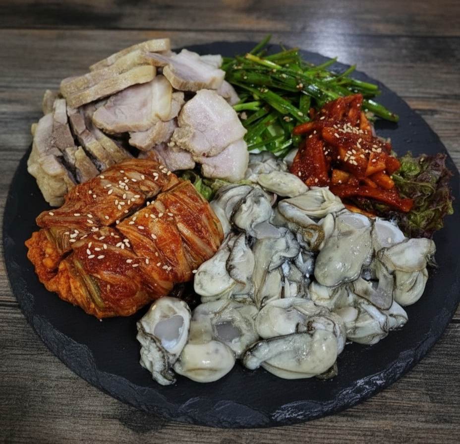 우드 테이블 위에 정갈하게 놓인 굴보쌈 상차림, 김이 모락모락 나는 돼지고기 수육과 윤기가 흐르는 보쌈김치, 부추무침이 곁들여진 모습.